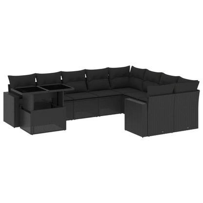 10-tlg. Garten-Sofagarnitur mit Kissen Schwarz Poly Rattan