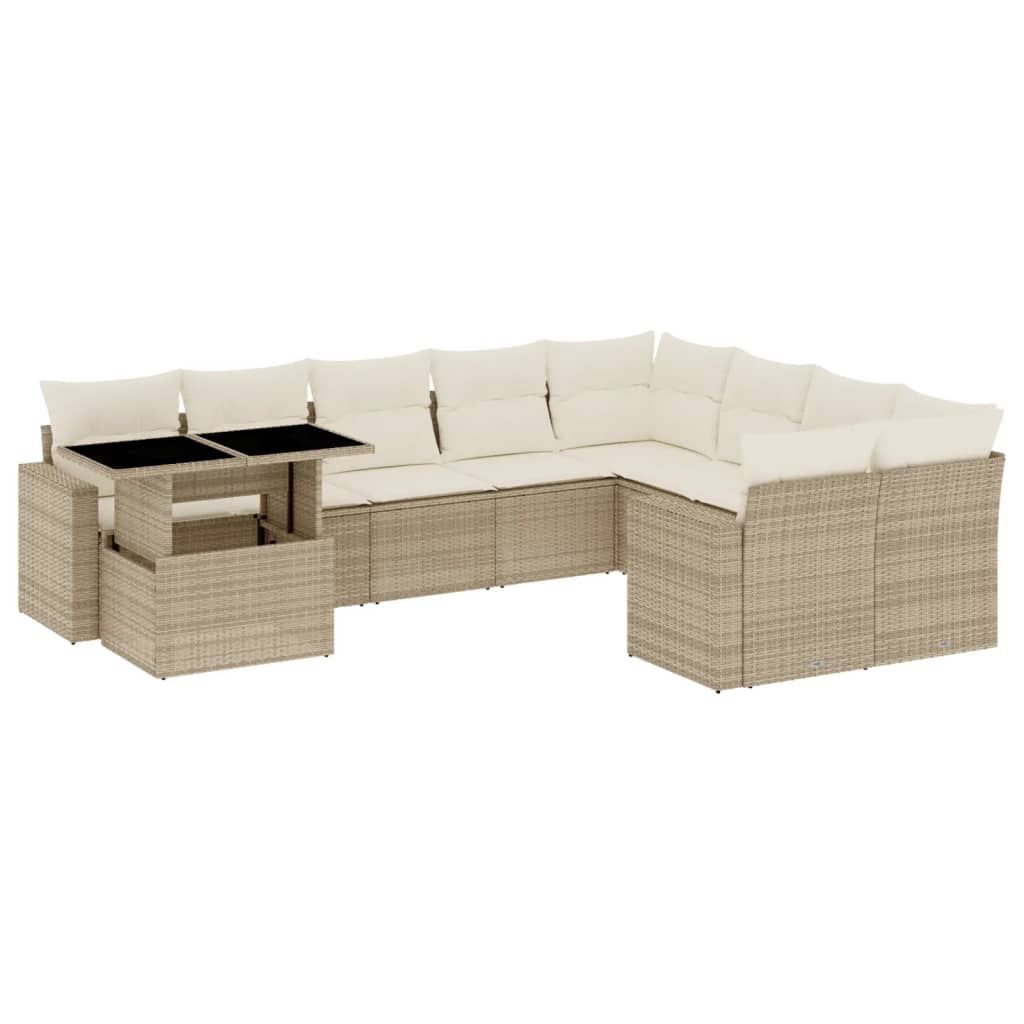 10-tlg. Garten-Sofagarnitur mit Kissen Beige Poly Rattan