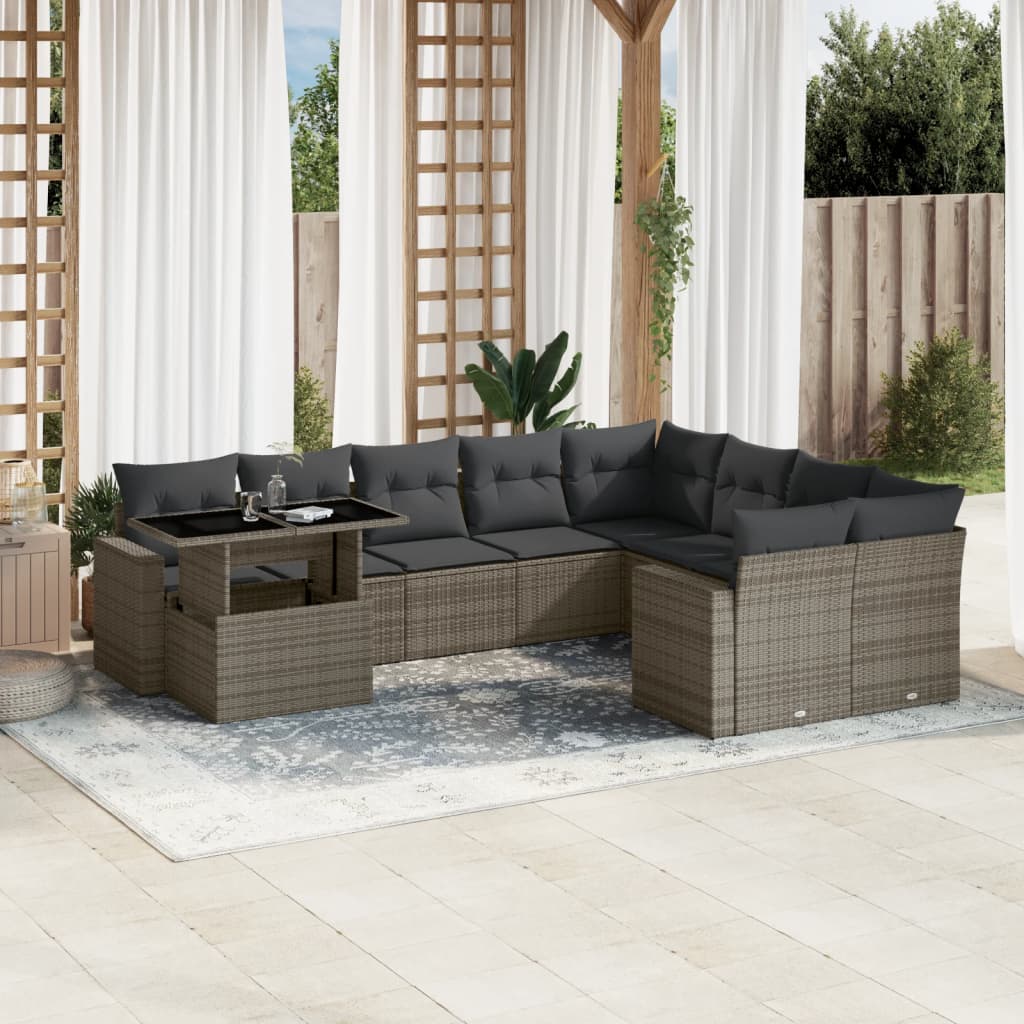 10-tlg. Garten-Sofagarnitur mit Kissen Grau Poly Rattan