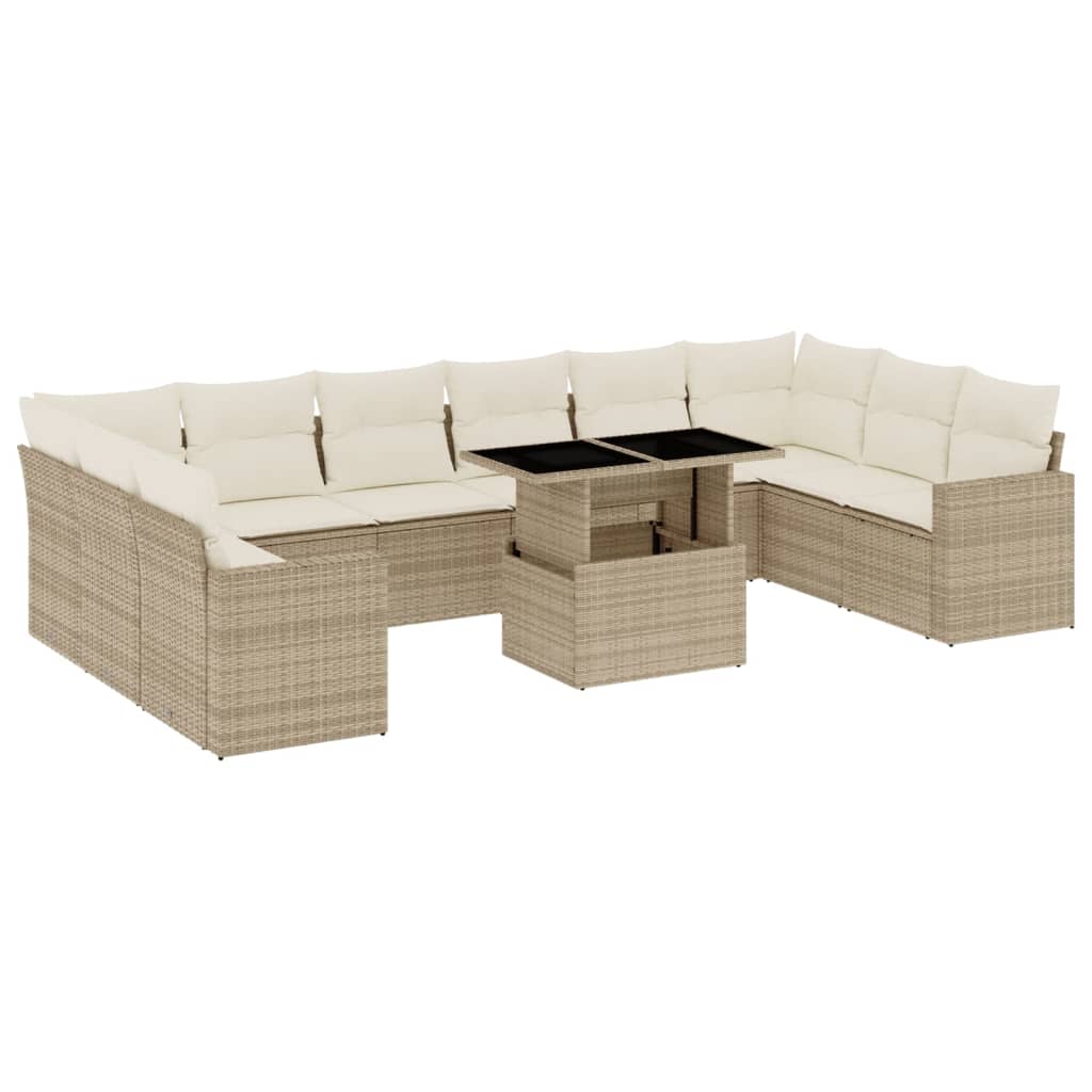 11-tlg. Garten-Sofagarnitur mit Kissen Beige Poly Rattan