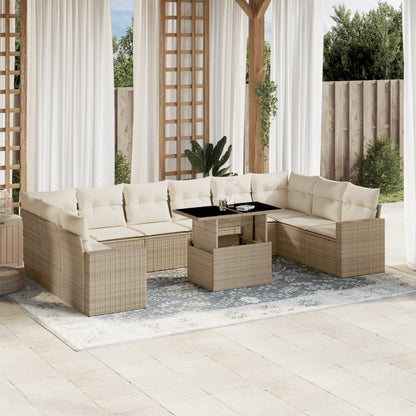 11-tlg. Garten-Sofagarnitur mit Kissen Beige Poly Rattan