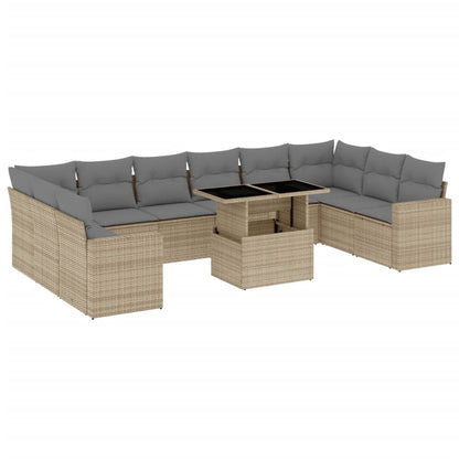 11-tlg. Garten-Sofagarnitur mit Kissen Beige Poly Rattan