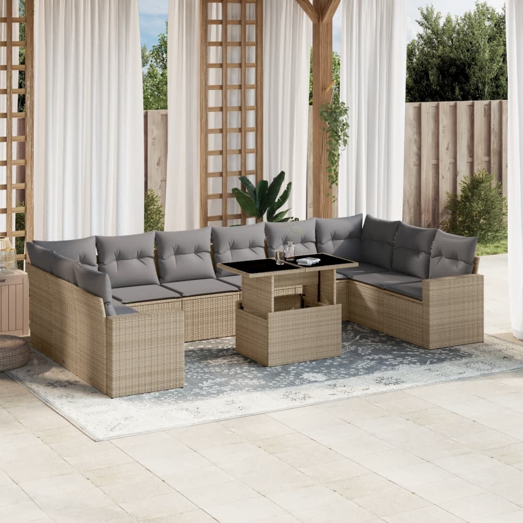 11-tlg. Garten-Sofagarnitur mit Kissen Beige Poly Rattan