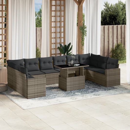 11-tlg. Garten-Sofagarnitur mit Kissen Grau Poly Rattan