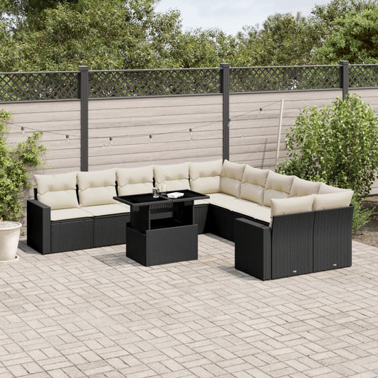 11-tlg. Garten-Sofagarnitur mit Kissen Schwarz Poly Rattan