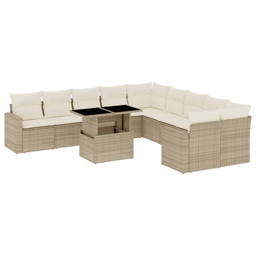 11-tlg. Garten-Sofagarnitur mit Kissen Beige Poly Rattan