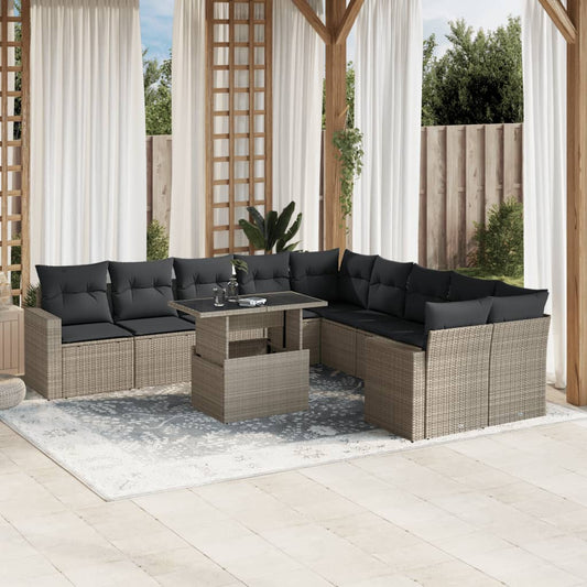 11-tlg. Garten-Sofagarnitur mit Kissen Hellgrau Poly Rattan