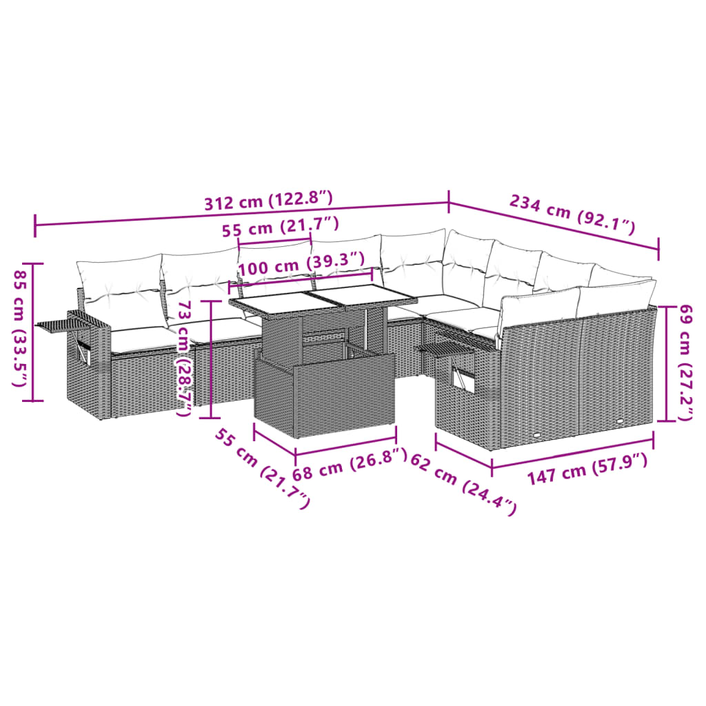 10-tlg. Garten-Sofagarnitur mit Kissen Schwarz Poly Rattan