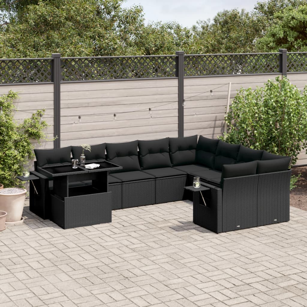 10-tlg. Garten-Sofagarnitur mit Kissen Schwarz Poly Rattan