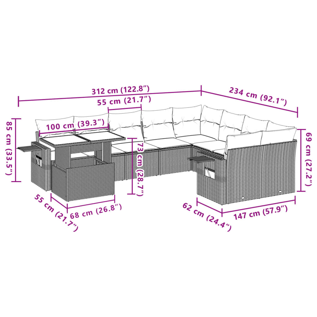 10-tlg. Garten-Sofagarnitur mit Kissen Hellgrau Poly Rattan