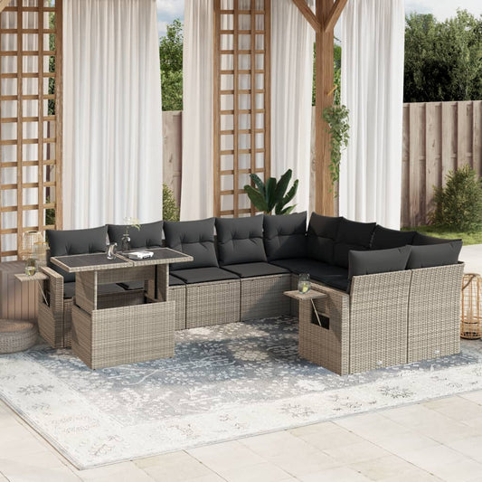 10-tlg. Garten-Sofagarnitur mit Kissen Hellgrau Poly Rattan