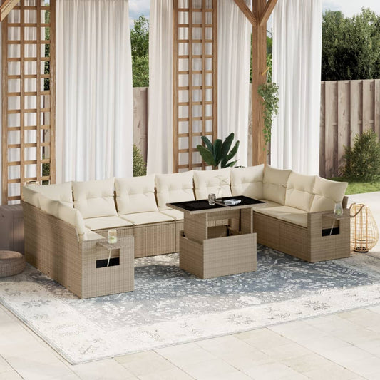 11-tlg. Garten-Sofagarnitur mit Kissen Beige Poly Rattan