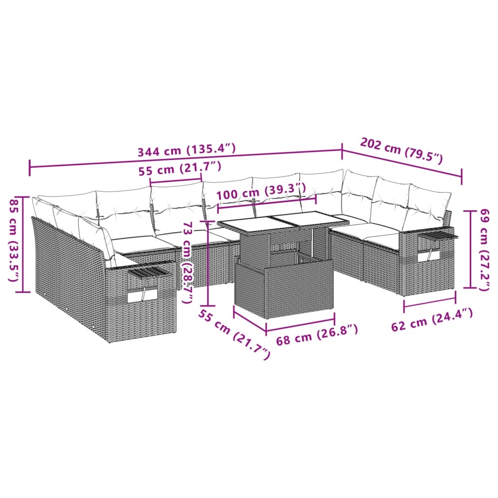 11-tlg. Garten-Sofagarnitur mit Kissen Grau Poly Rattan