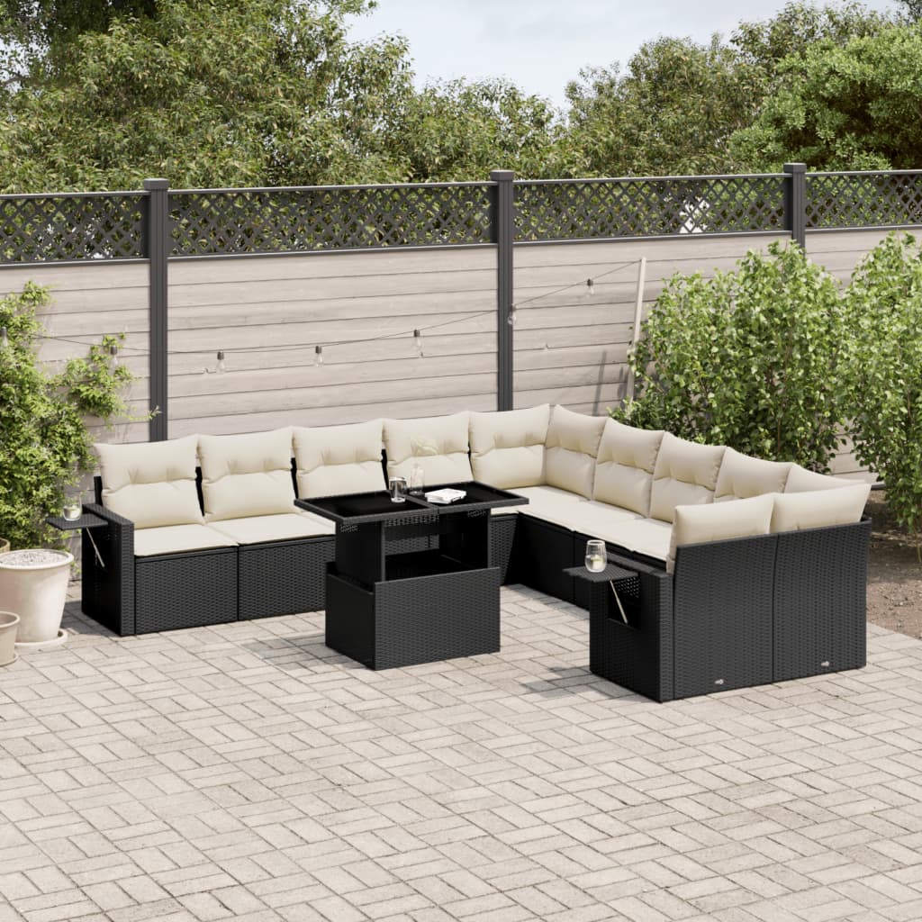 11-tlg. Garten-Sofagarnitur mit Kissen Schwarz Poly Rattan