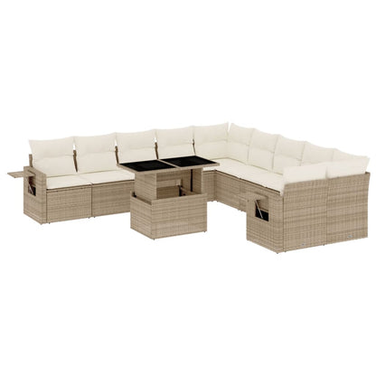 11-tlg. Garten-Sofagarnitur mit Kissen Beige Poly Rattan