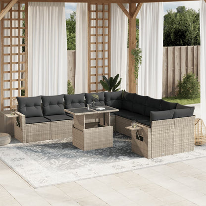 11-tlg. Garten-Sofagarnitur mit Kissen Hellgrau Poly Rattan