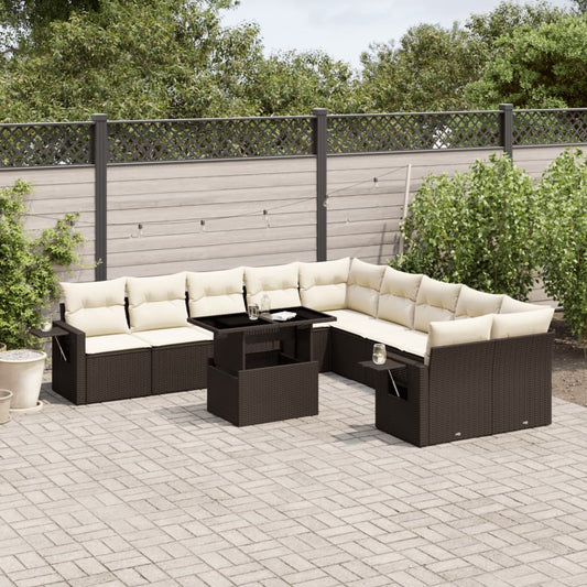 11-tlg. Garten-Sofagarnitur mit Kissen Braun Poly Rattan