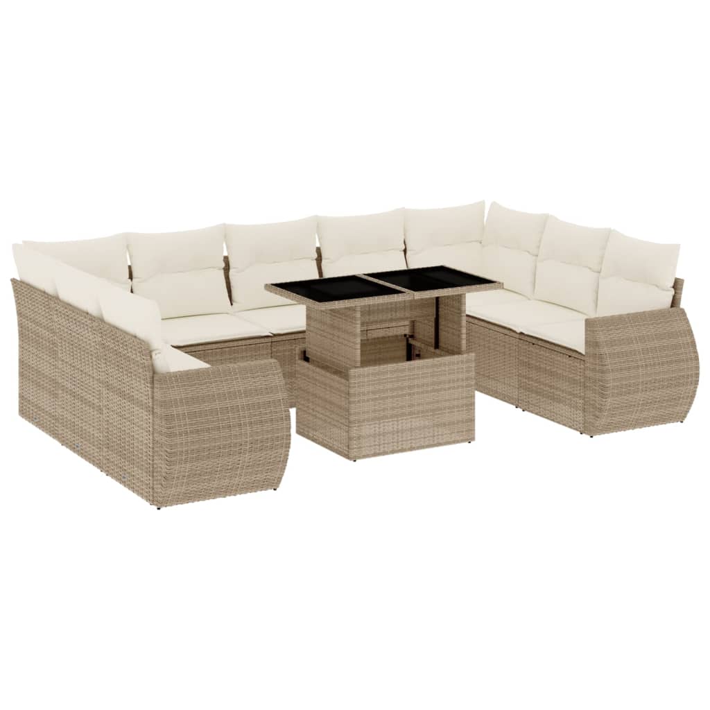 10-tlg. Garten-Sofagarnitur mit Kissen Beige Poly Rattan