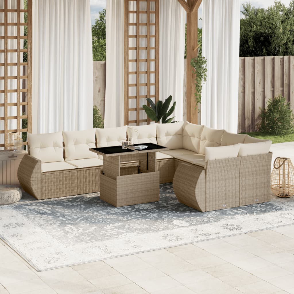 10-tlg. Garten-Sofagarnitur mit Kissen Beige Poly Rattan