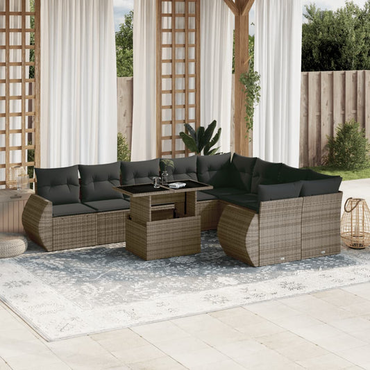 10-tlg. Garten-Sofagarnitur mit Kissen Grau Poly Rattan