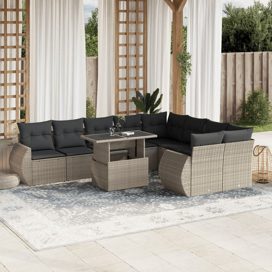 10-tlg. Garten-Sofagarnitur mit Kissen Hellgrau Poly Rattan