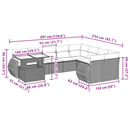 10-tlg. Garten-Sofagarnitur mit Kissen Grau Poly Rattan