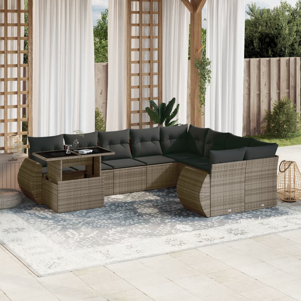 10-tlg. Garten-Sofagarnitur mit Kissen Grau Poly Rattan