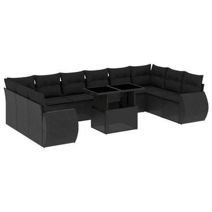 11-tlg. Garten-Sofagarnitur mit Kissen Schwarz Poly Rattan