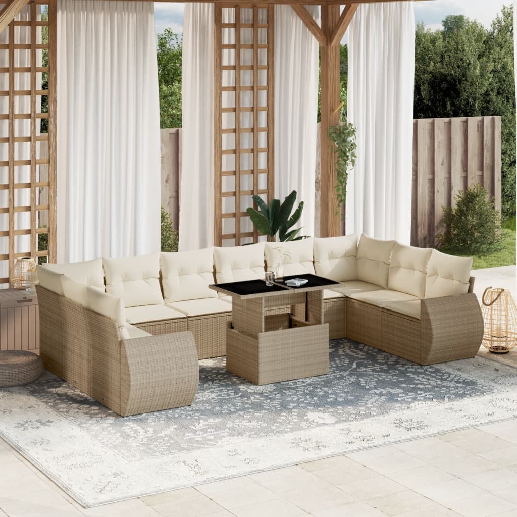 11-tlg. Garten-Sofagarnitur mit Kissen Beige Poly Rattan