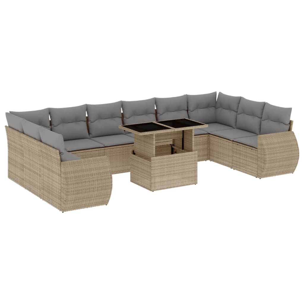 11-tlg. Garten-Sofagarnitur mit Kissen Beige Poly Rattan