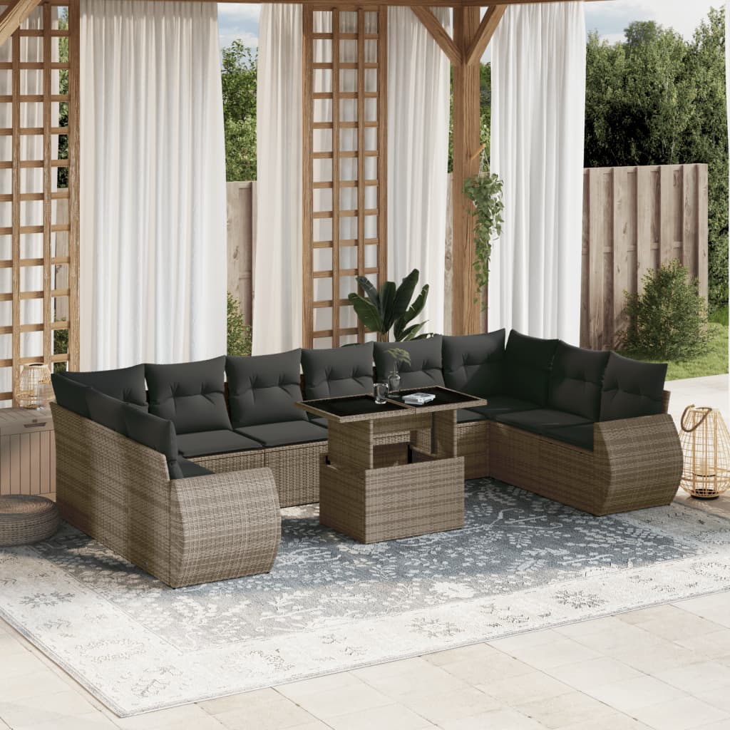 11-tlg. Garten-Sofagarnitur mit Kissen Grau Poly Rattan