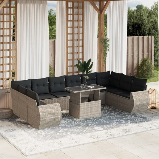 11-tlg. Garten-Sofagarnitur mit Kissen Hellgrau Poly Rattan