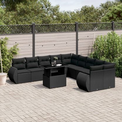 11-tlg. Garten-Sofagarnitur mit Kissen Schwarz Poly Rattan