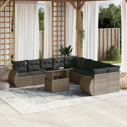 11-tlg. Garten-Sofagarnitur mit Kissen Grau Poly Rattan