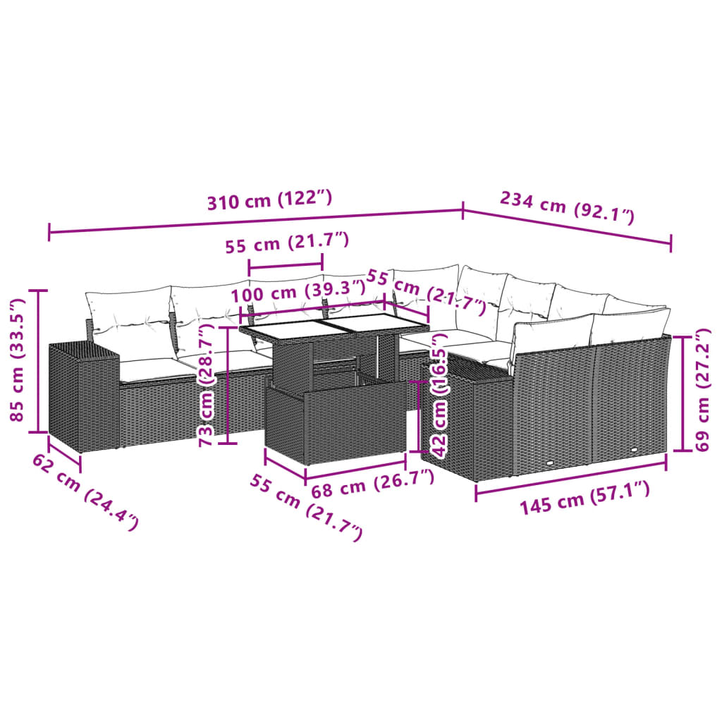 10-tlg. Garten-Sofagarnitur mit Kissen Grau Poly Rattan