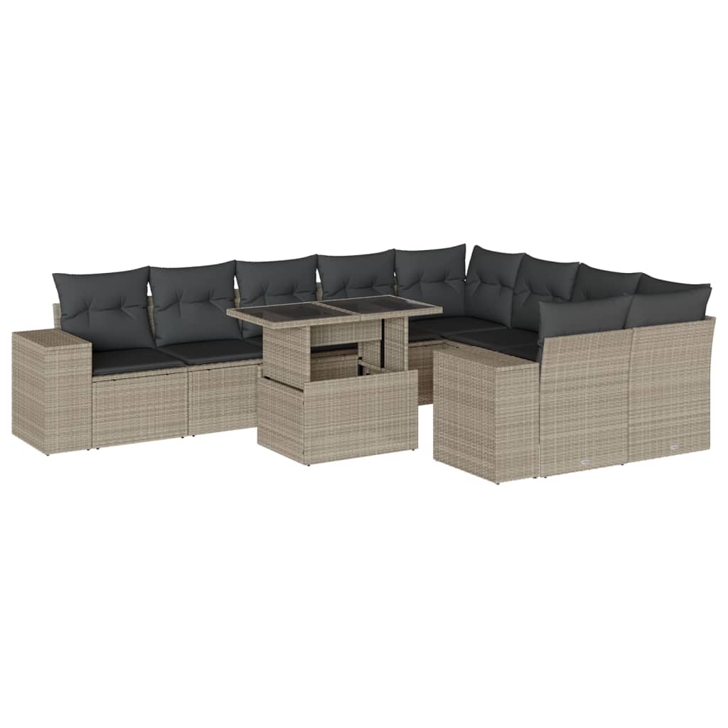 10-tlg. Garten-Sofagarnitur mit Kissen Hellgrau Poly Rattan