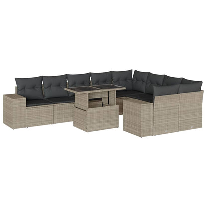 10-tlg. Garten-Sofagarnitur mit Kissen Hellgrau Poly Rattan