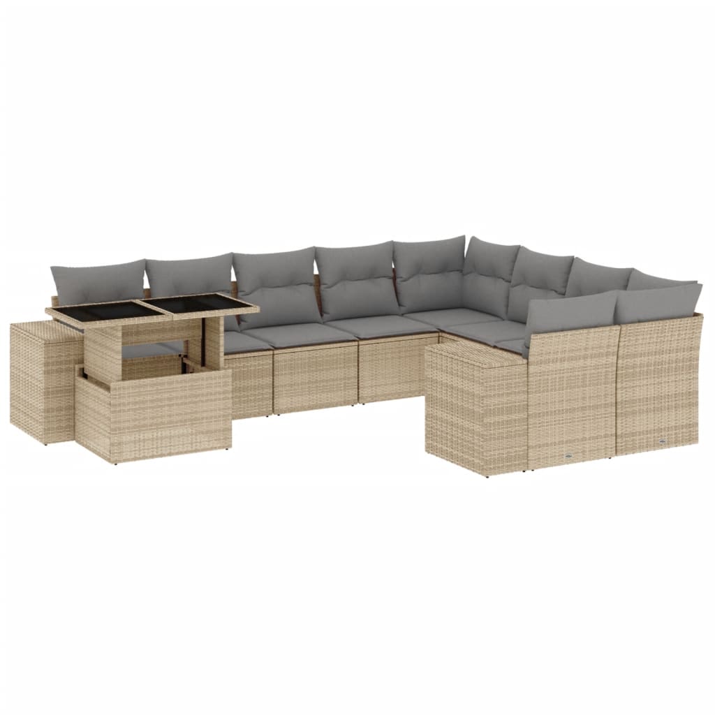 10-tlg. Garten-Sofagarnitur mit Kissen Beige Poly Rattan