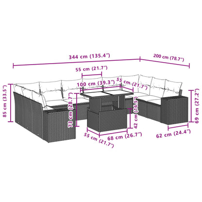 11-tlg. Garten-Sofagarnitur mit Kissen Schwarz Poly Rattan