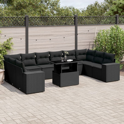 11-tlg. Garten-Sofagarnitur mit Kissen Schwarz Poly Rattan