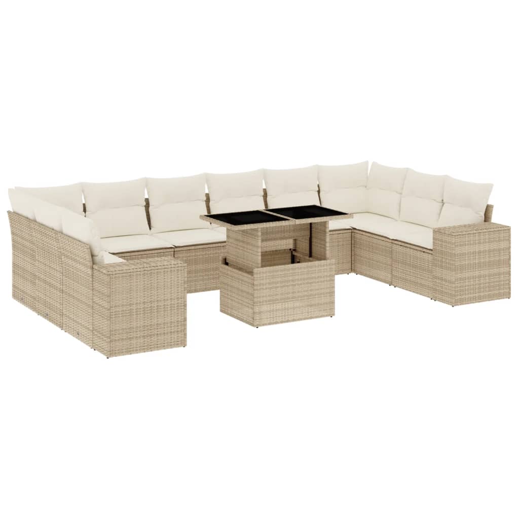 11-tlg. Garten-Sofagarnitur mit Kissen Beige Poly Rattan