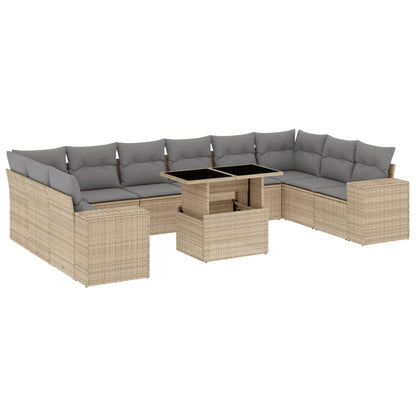 11-tlg. Garten-Sofagarnitur mit Kissen Beige Poly Rattan