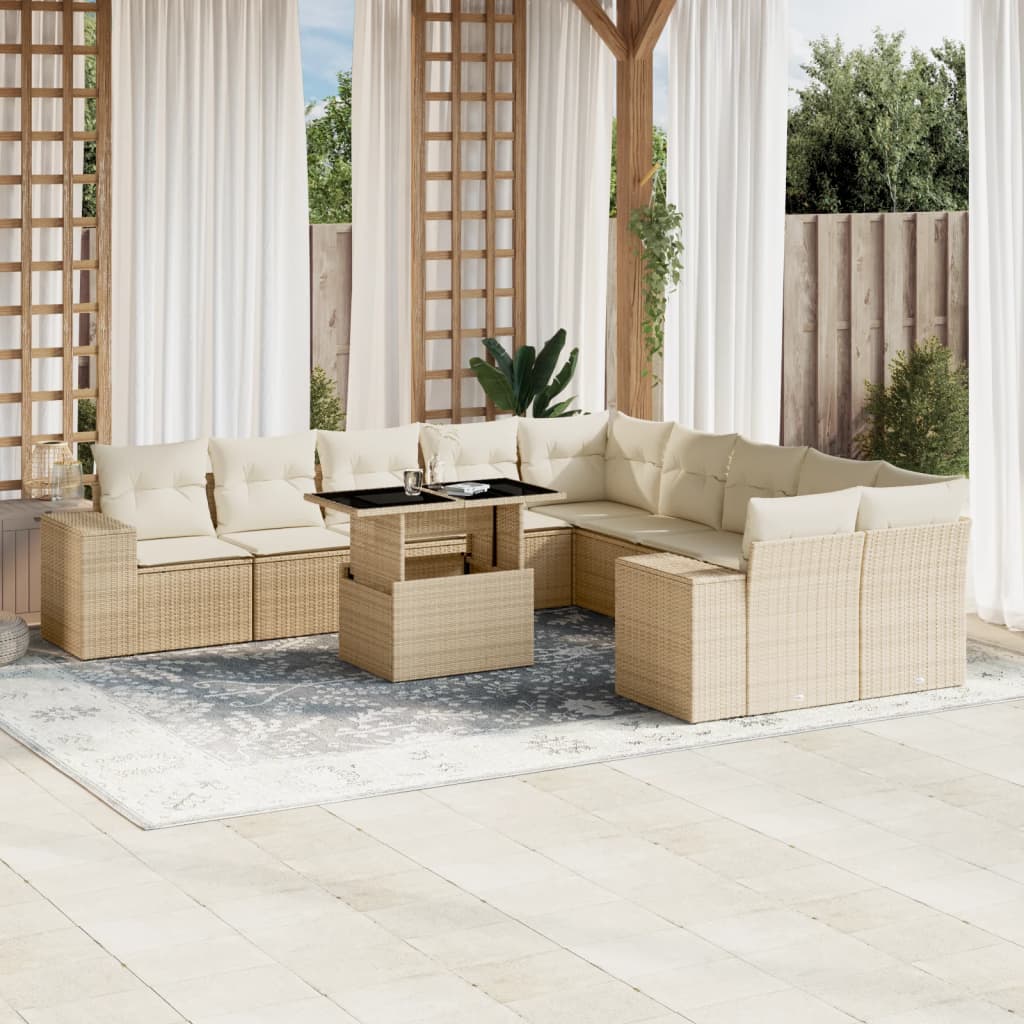 11-tlg. Garten-Sofagarnitur mit Kissen Beige Poly Rattan