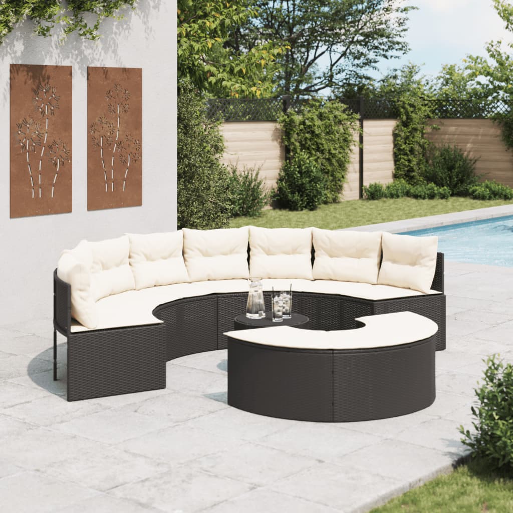 3-tlg. Garten-Sofagarnitur Halbrund Schwarz Poly-Rattan