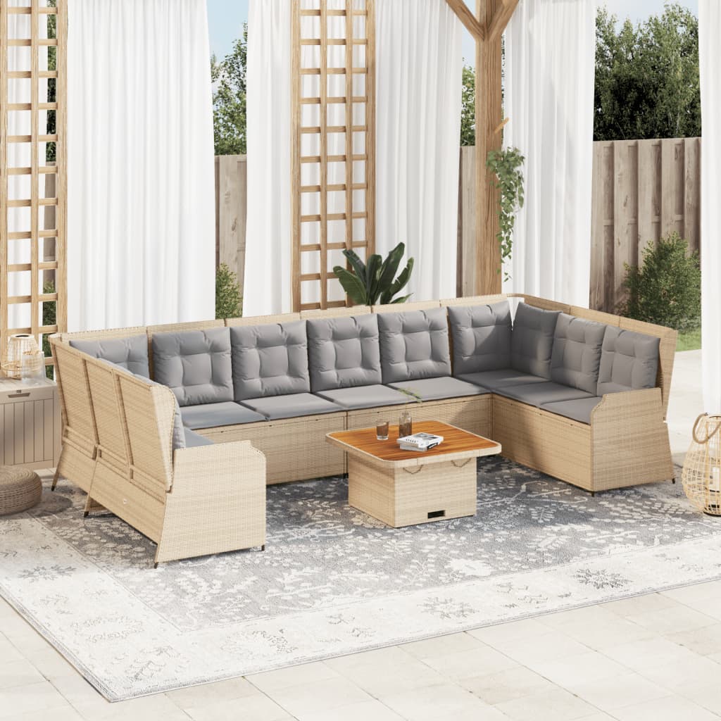 7-tlg. Garten-Lounge-Set mit Kissen Beige Poly Rattan