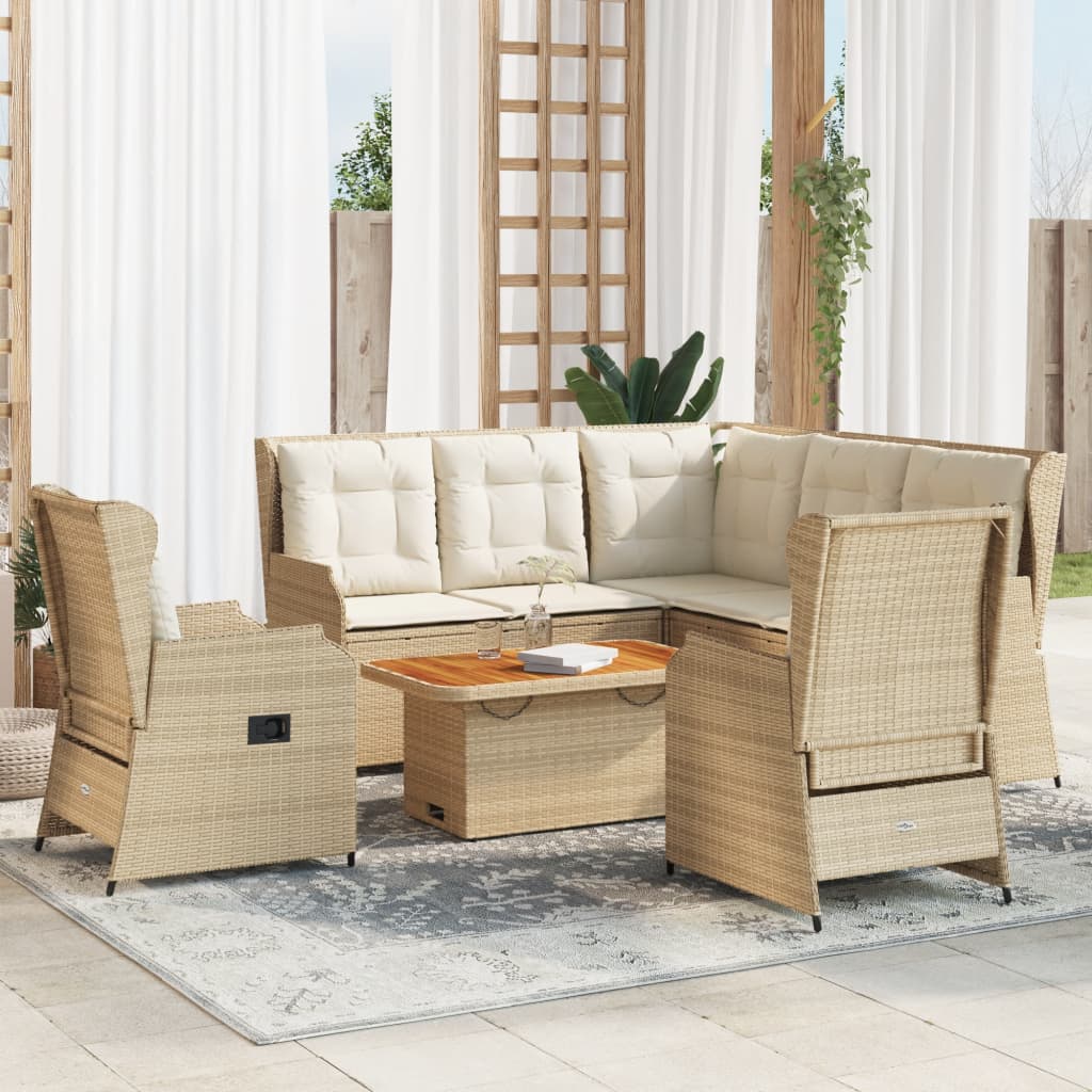 6-tlg. Garten-Lounge-Set mit Kissen Beige Poly Rattan