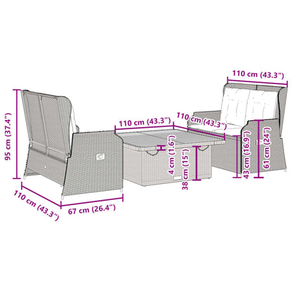 3-tlg. Garten-Lounge-Set mit Kissen Grau Poly Rattan