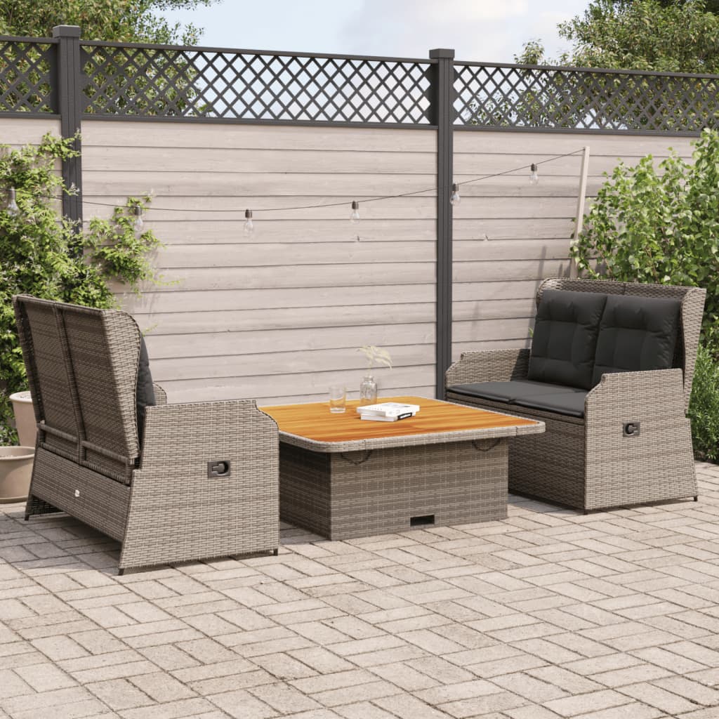 3-tlg. Garten-Lounge-Set mit Kissen Grau Poly Rattan