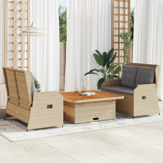 3-tlg. Garten-Lounge-Set mit Kissen Beige Poly Rattan