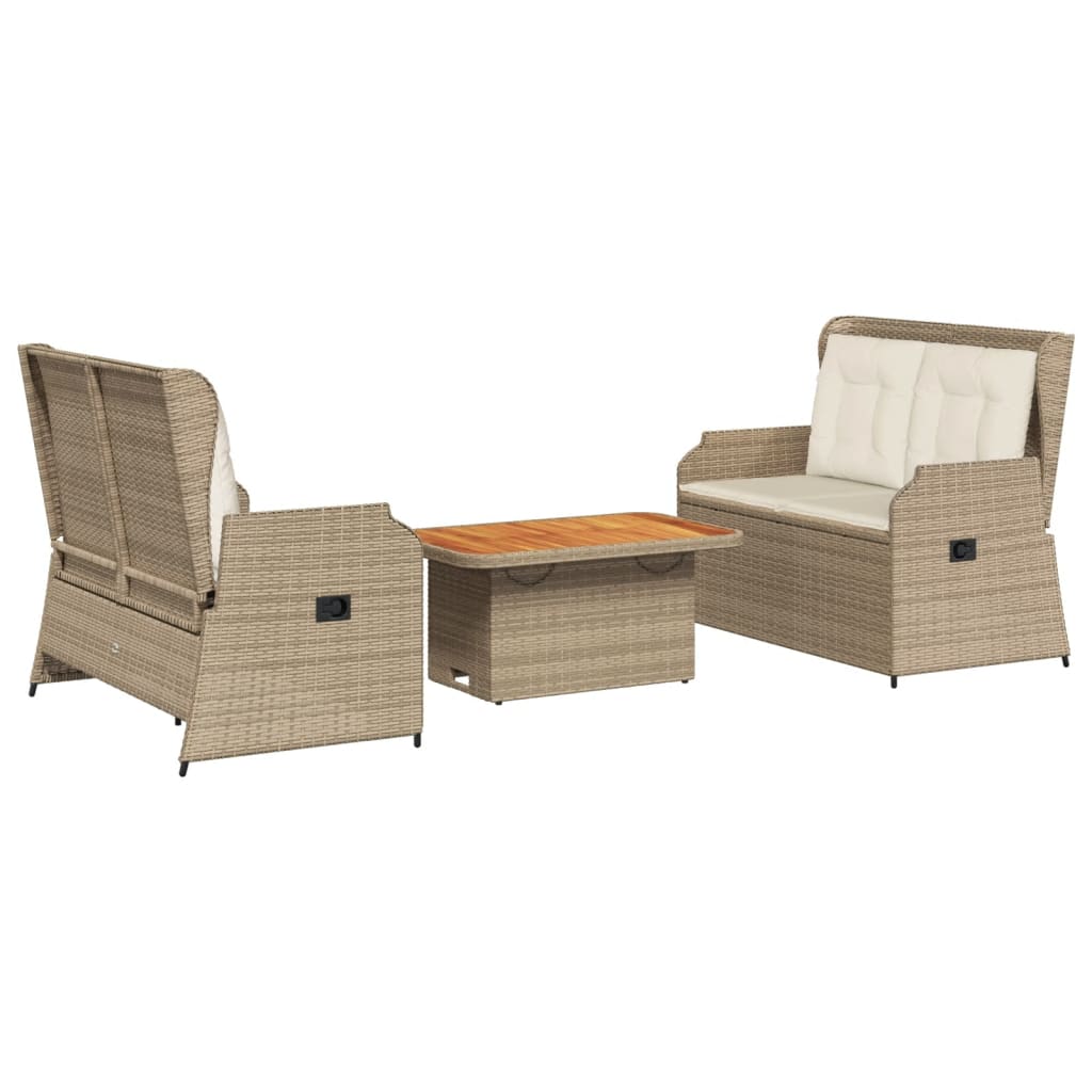 3-tlg. Garten-Lounge-Set mit Kissen Beige Poly Rattan